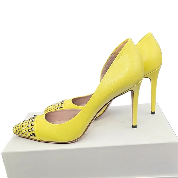 GUCCI Studded Captoe D'Orsay Pumps In Soft Yellow Leather - Picture 9 of 12